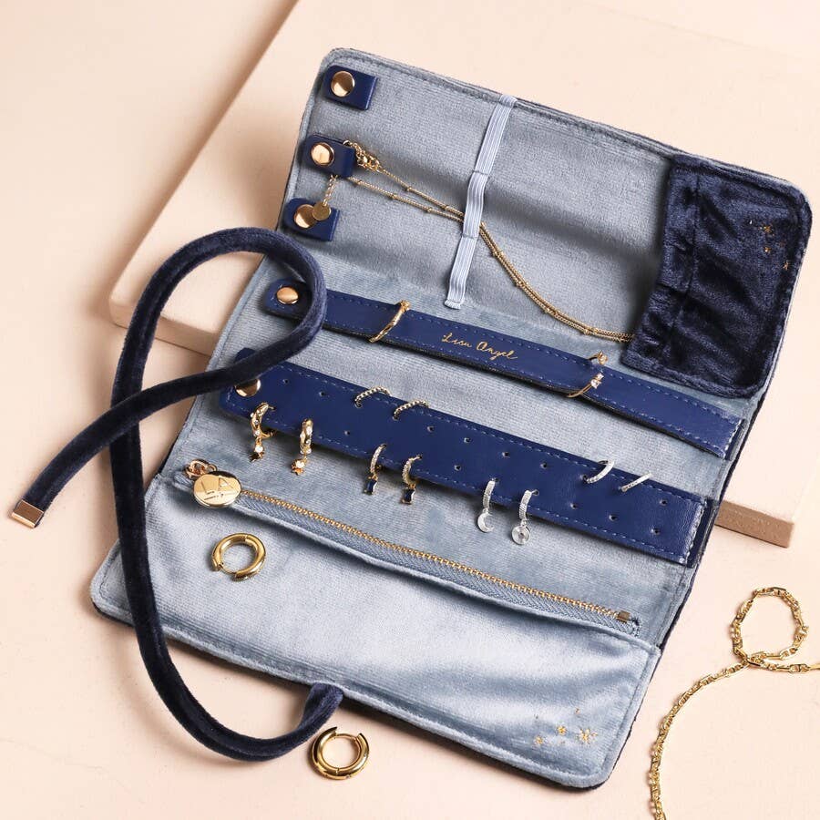 Navy Celestial Velvet Jewelry Travel Roll