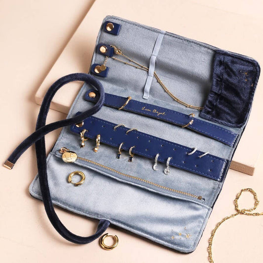 Navy Celestial Velvet Jewelry Travel Roll