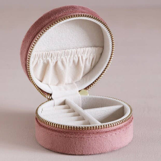 Rose Pink Velvet Round Travel Jewelry Case