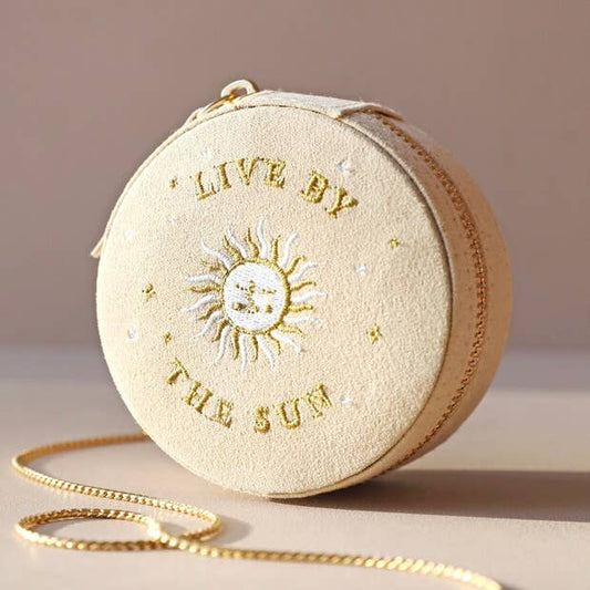 Sun and Moon Embroidered Round Jewelry Case in Beige