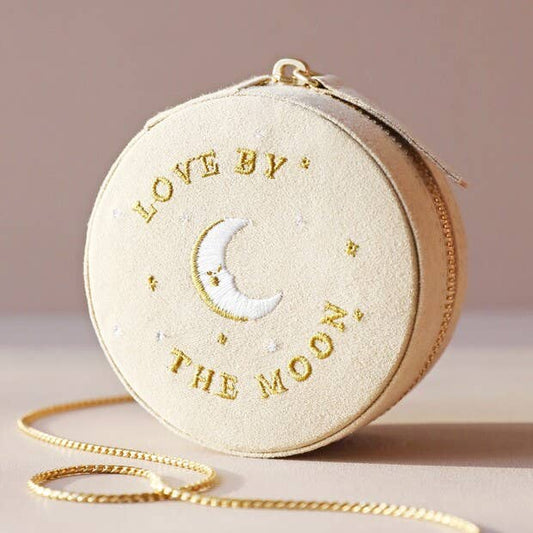 Sun and Moon Embroidered Round Jewelry Case in Beige