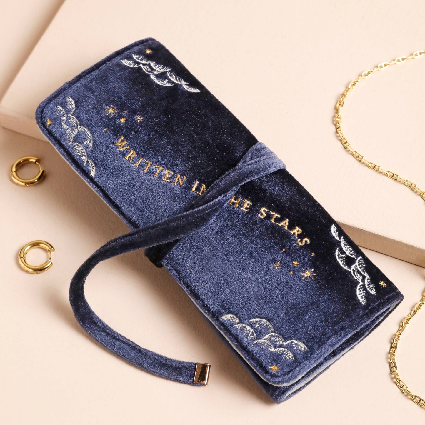 Navy Celestial Velvet Jewelry Travel Roll